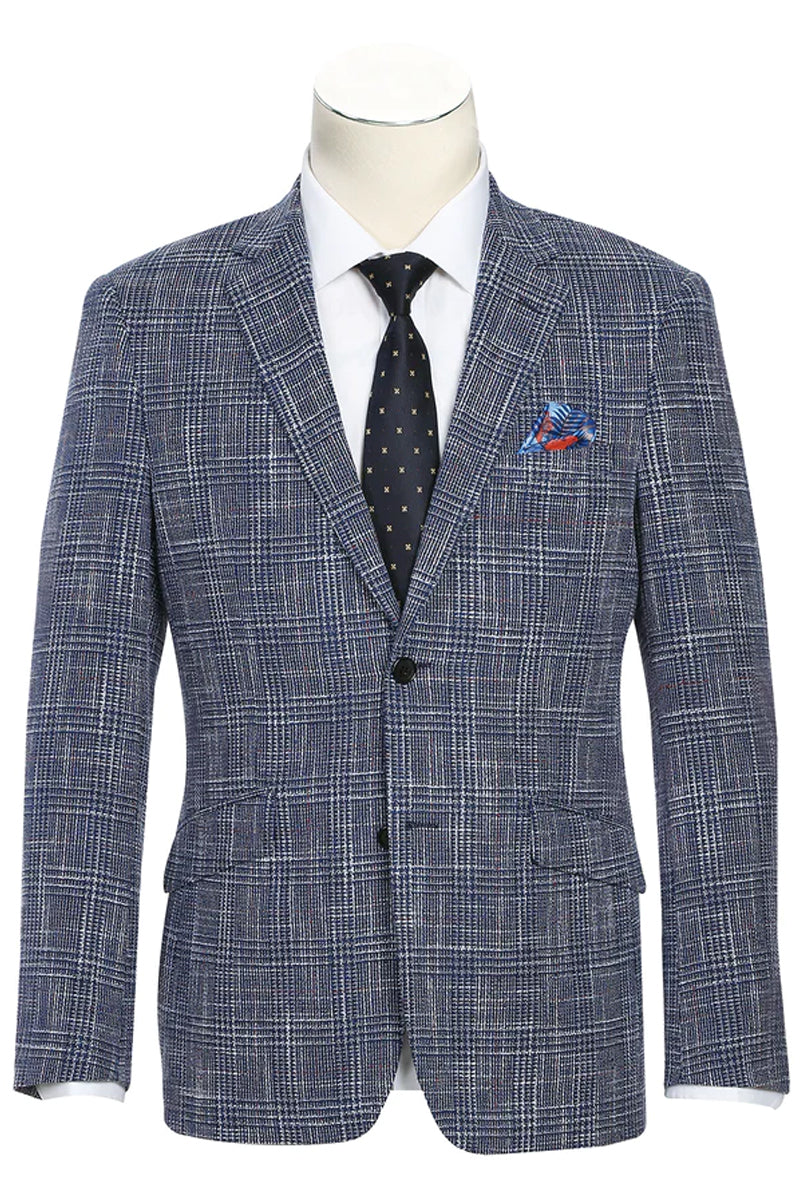 "Blue Windowpane Plaid Men's Slim Fit Wool & Linen Sport Coat Blazer"