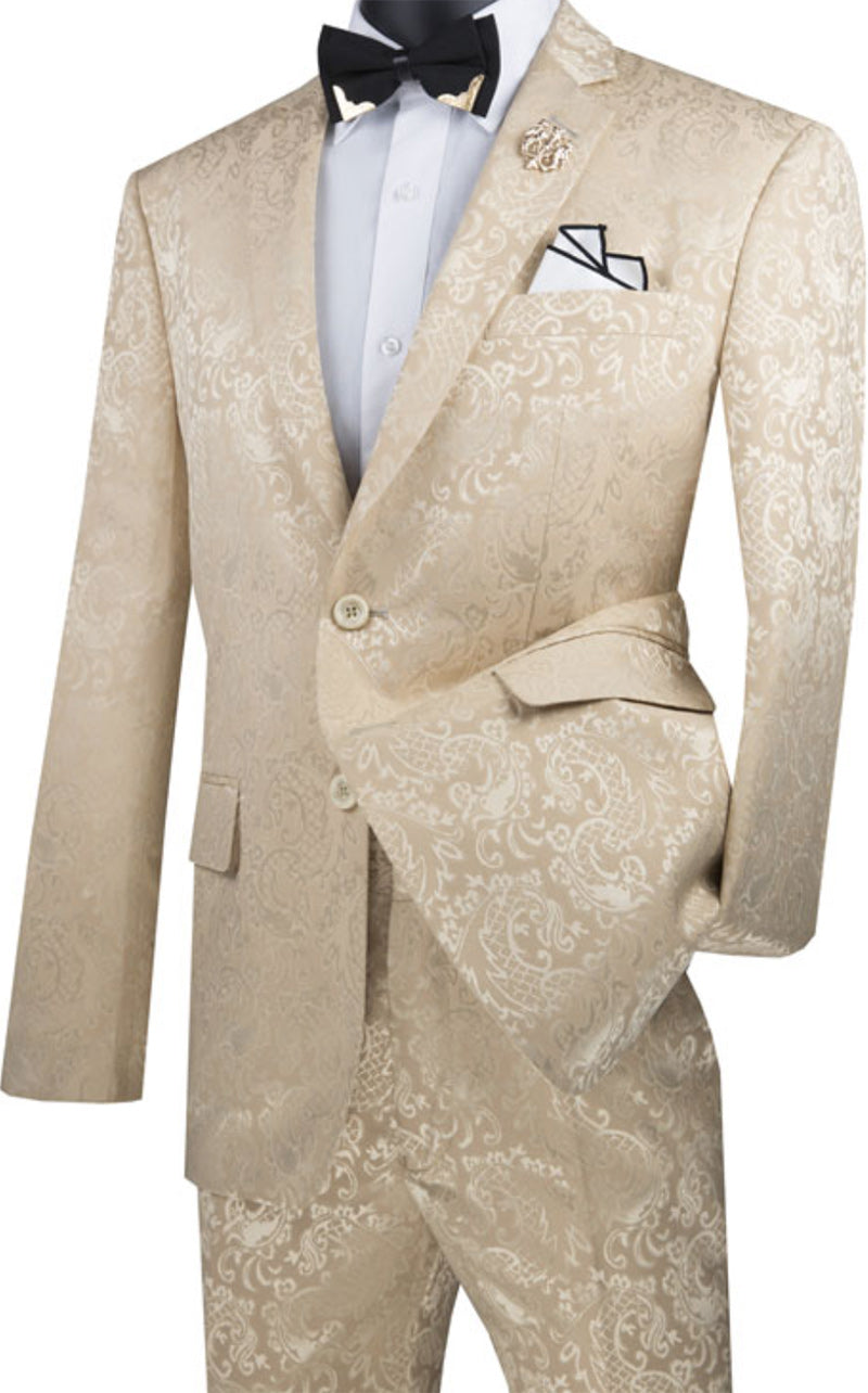 Beige Tone on Tone Paisley Pattern Slim Fit Men's 2 Piece Suit 2 Button - Beige