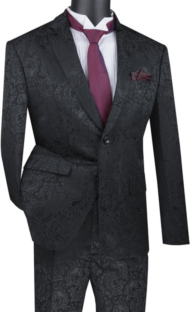 Black Tone on Tone Paisley Pattern Slim Fit Men's 2 Piece Suit 2 Button - Black