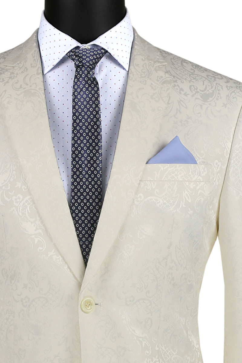 Ivory Tone on Tone Paisley Pattern Slim Fit Men's 2 Piece Suit 2 Button - Ivory