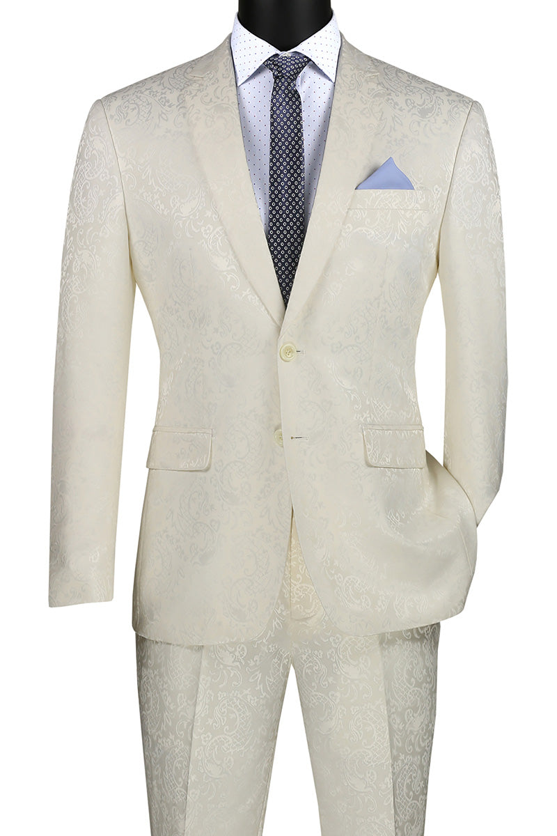 Ivory Tone on Tone Paisley Pattern Slim Fit Men's 2 Piece Suit 2 Button - Ivory