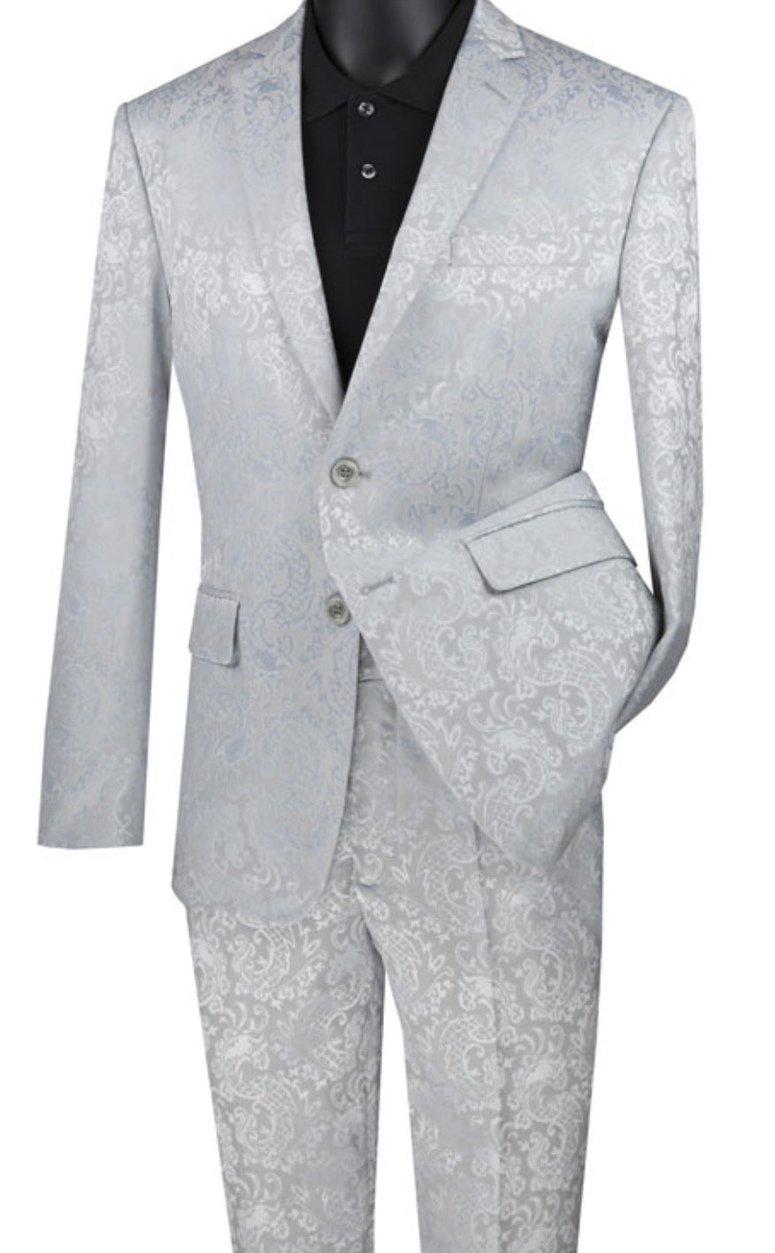 Silver Tone on Tone Paisley Pattern Slim Fit Men's 2 Piece Suit 2 Button - Silver