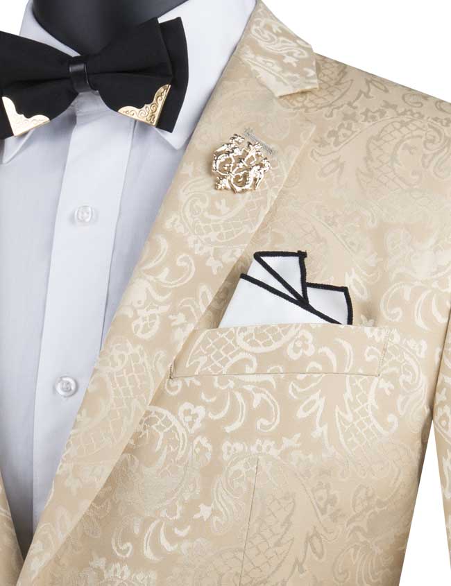 Beige Tone on Tone Paisley Pattern Slim Fit Men's 2 Piece Suit 2 Button - Beige