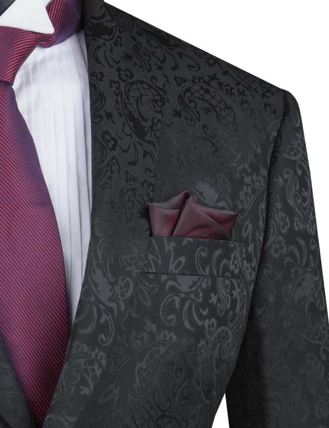 Black Tone on Tone Paisley Pattern Slim Fit Men's 2 Piece Suit 2 Button - Black