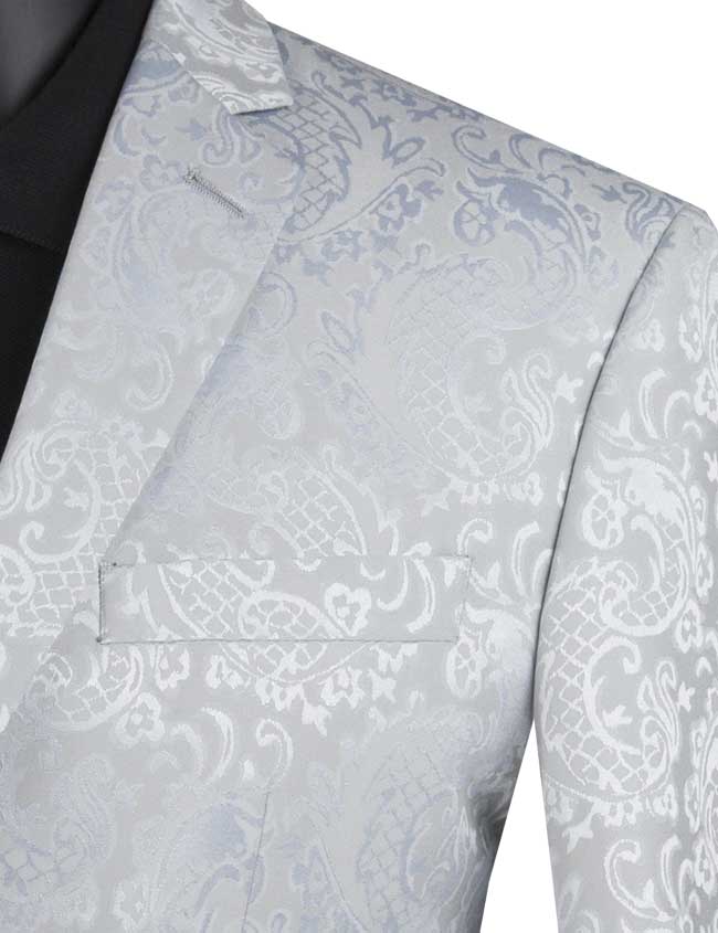 Silver Tone on Tone Paisley Pattern Slim Fit Men's 2 Piece Suit 2 Button - Silver