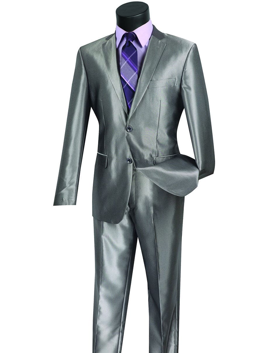 Mens Grey Suit Mens Modern Fit Shiny Sharkskin Suit in Silver Grey - 38 Short Jacket+32 Waist Adjust   28to34)(Height: 5 4 to5 7 )(Neck    15-16.5)S-M)