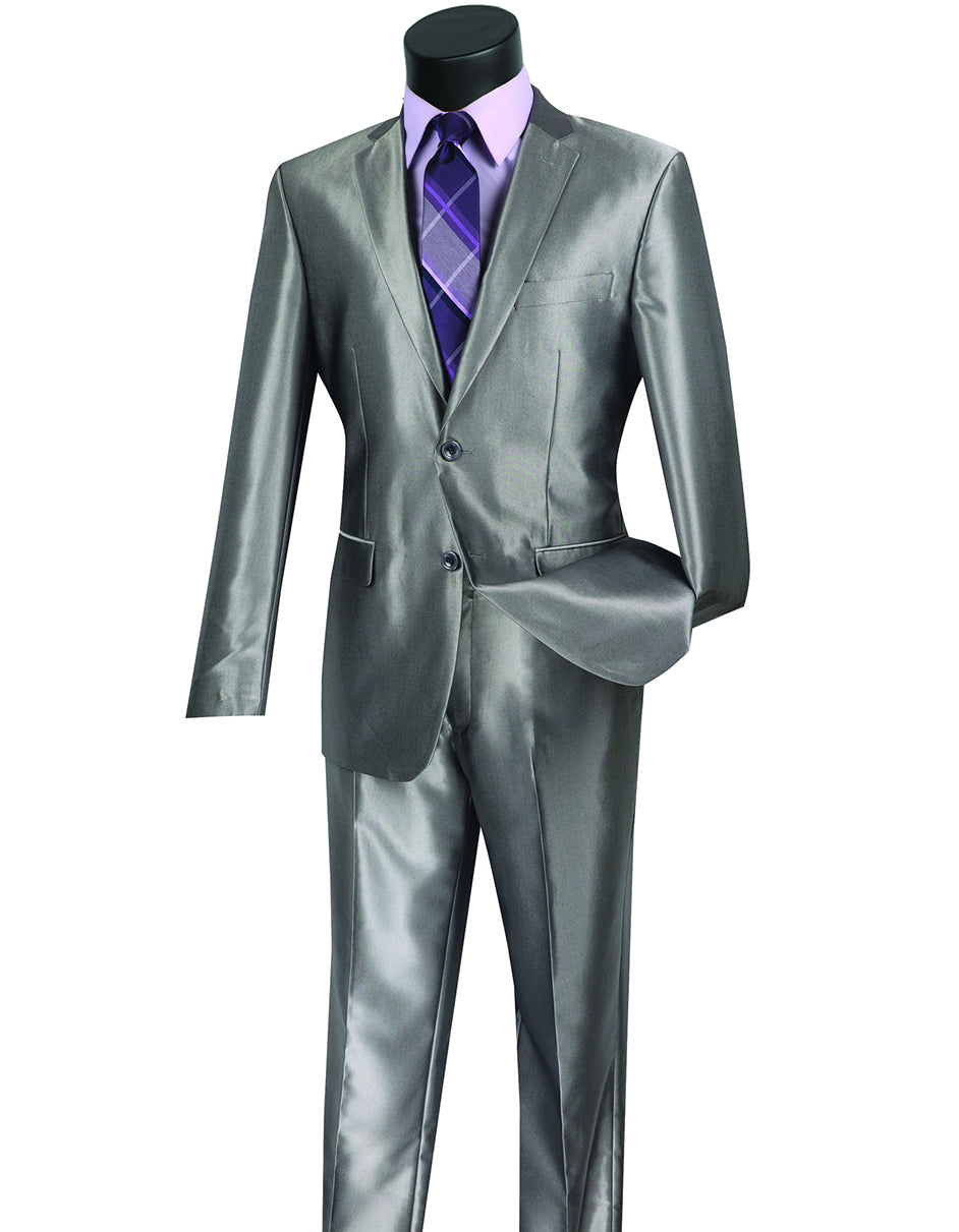 Mens Modern Fit Shiny Sharkskin Suit in Silver Grey - Silver