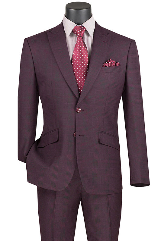 Slim Fit 2 Piece Suit Burgundy Glen Plaid Pattern Matching Pants - Burgundy