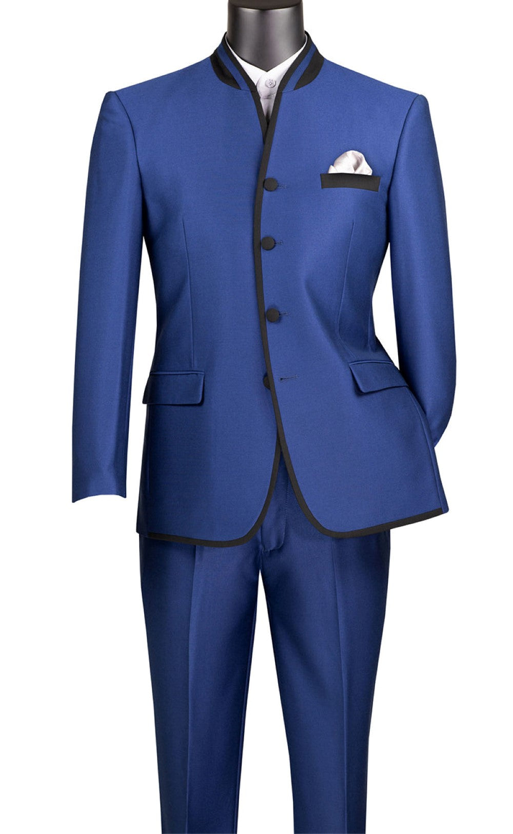 Oriental Collection - Banded Collar Slim Fit Suit Shiny Sharkskin 2 Piece Blue - Blue