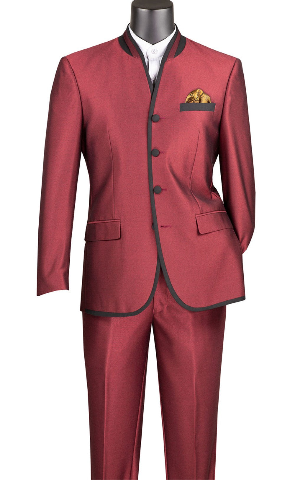 Oriental Collection - Banded Collar Slim Fit Suit Shiny Sharkskin 2 Piece Wine - Wine