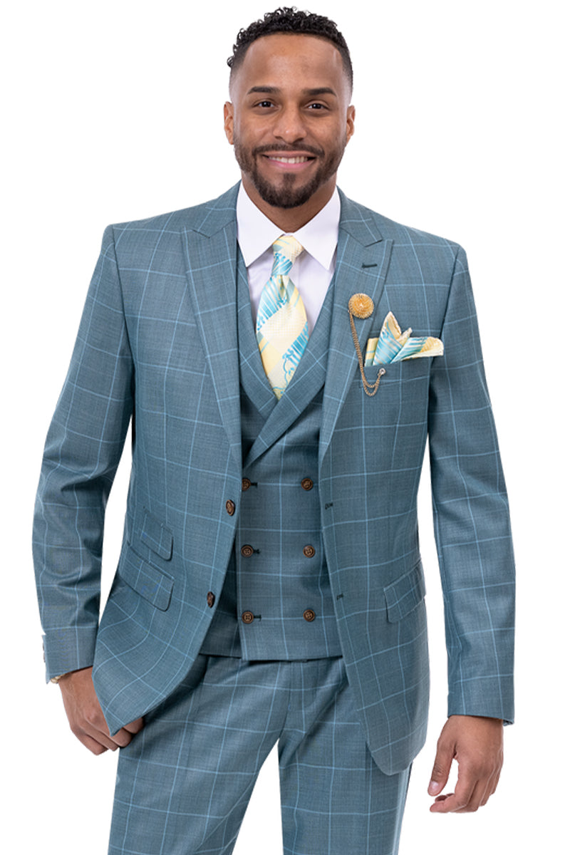 "Teal Blue Windowpane Plaid Men's Fashion Suit - Two Button Peak Lapel Vested"