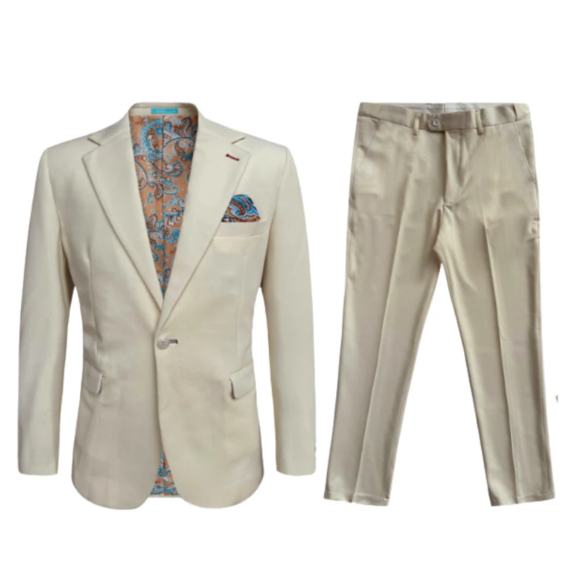 Cotton Suit - Summer Stretch Fabric - Mens Stretch Fashion Suit Beige - 34 Short or Extra Small