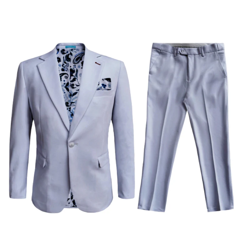 Cotton Suit - Summer Stretch Fabric - Mens Cotton-Stretch Fashion Suit Silver S9010 - 36 Short