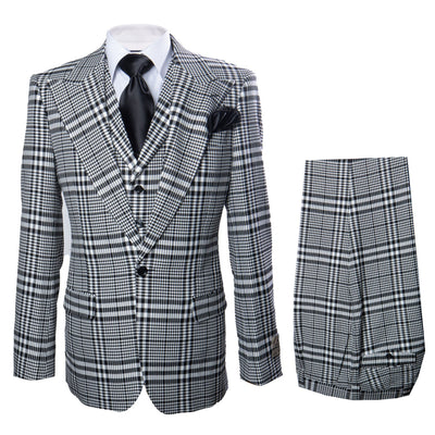 Mens Black and White Plaid Super 150s Wool Suit Pleated Pants Wide Lapel Jacket