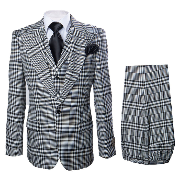 Mens Black and White Plaid Super 150s Wool Suit Pleated Pants Wide Lapel Jacket