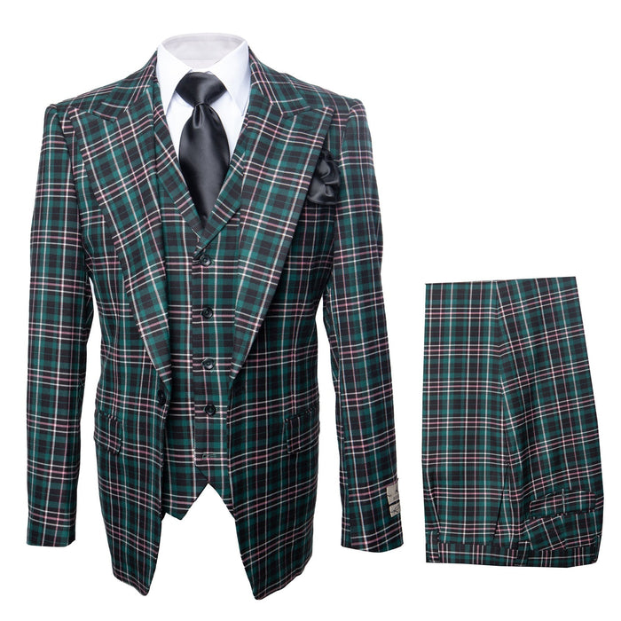 Mens Green Jacket and Pleated Pants Plaid Super 150s Wool Suit