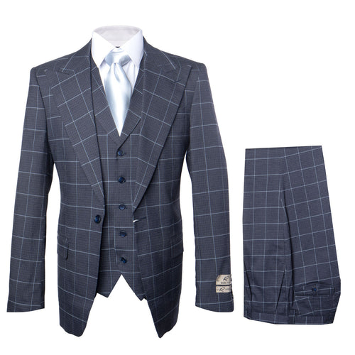 Mens Windowpane Charcoal Super 150s Wool Suit Jacket and Pleated Pants