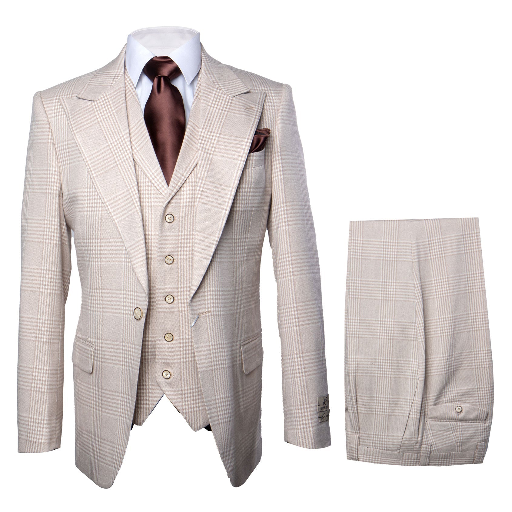 Menâ€™s Cream Plaid Super 150â€™s Wool Suit Wide Lapel Jacket & Pleated Pants - 38R