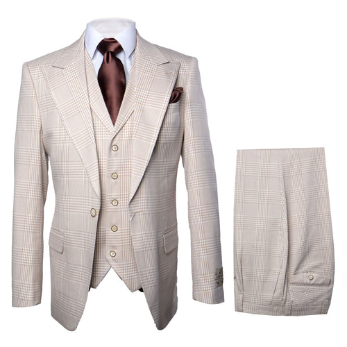 Mens Cream Plaid Super 150s Wool Suit Wide Lapel Jacket and Pleated Pants