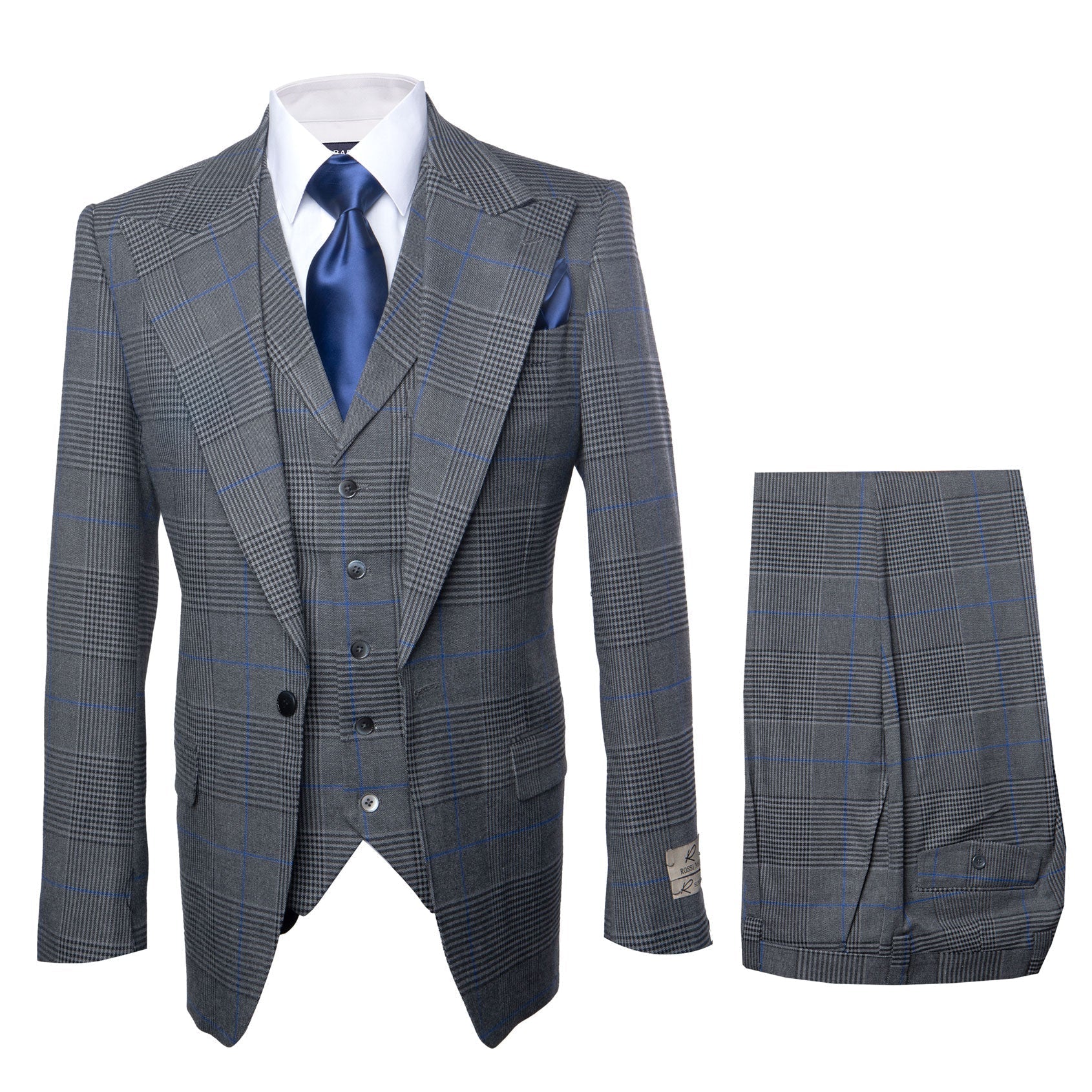 Mens Grey Windowpane Plaid Wool Suit Jacket & Pants Wool Super 150s - 38R