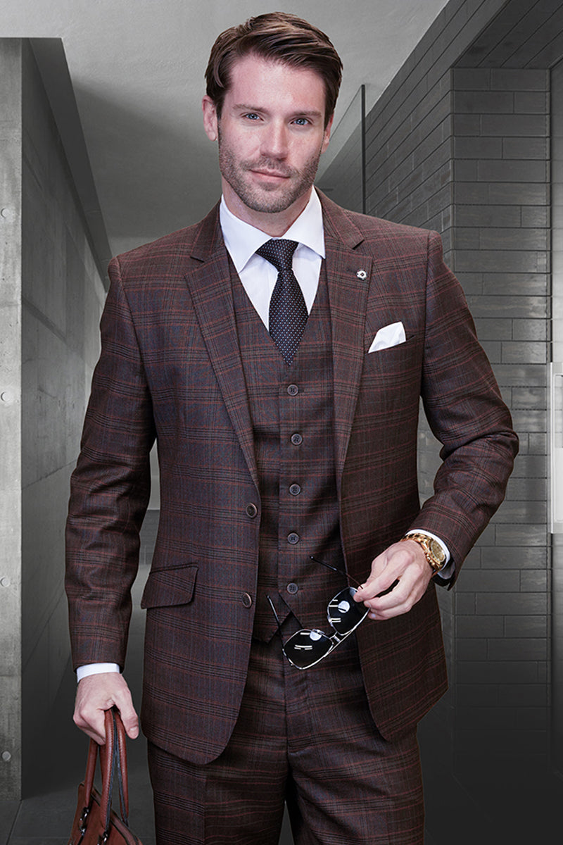 Men's Modern Fit Vested Wool Suit in Copper Plaid - 36 Short