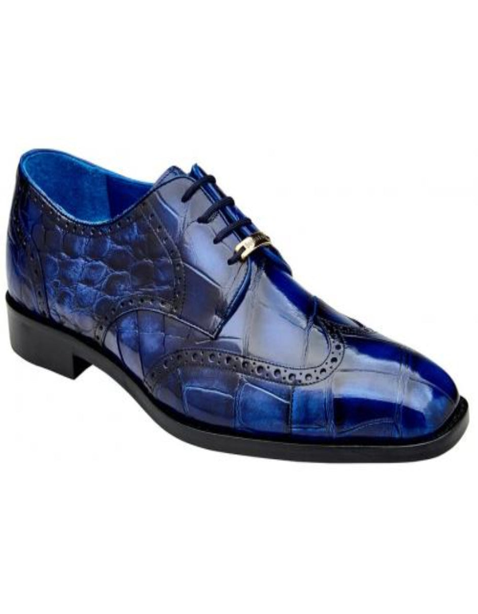 Belvedere Santo Antique Blue Genuine American Alligator Wingtip Rubber Sole Derby Shoes - 6 Standard / D / Medium