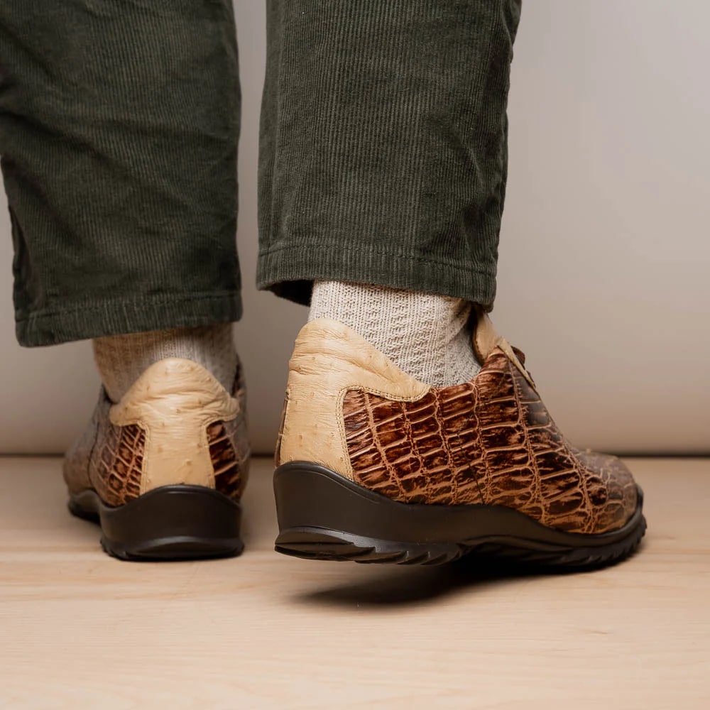Marco Di Milano Saulo Men's Shoes Orix Beige & Brown Exotic Ostich / Alligator Casual Sneakers - 8
