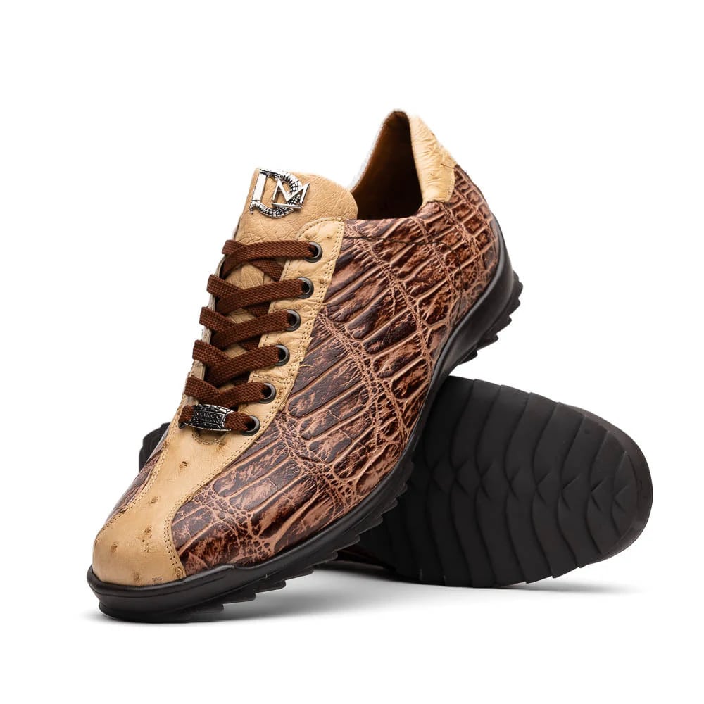 Marco Di Milano Saulo Men's Shoes Orix Beige & Brown Exotic Ostich / Alligator Casual Sneakers - 6