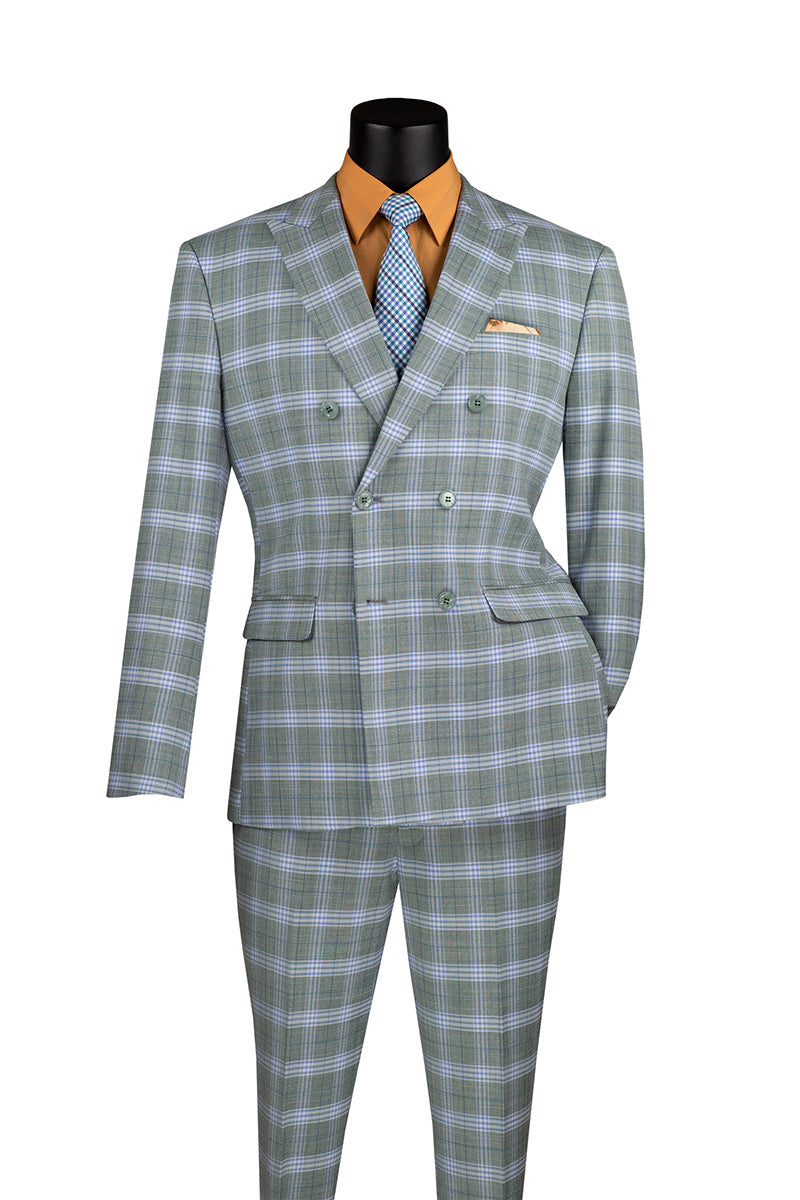 Duke of Windsor Collection - Slim Fit 2 Piece Double Breasted Windowpane Suit in Sea Grass - Sea Grass