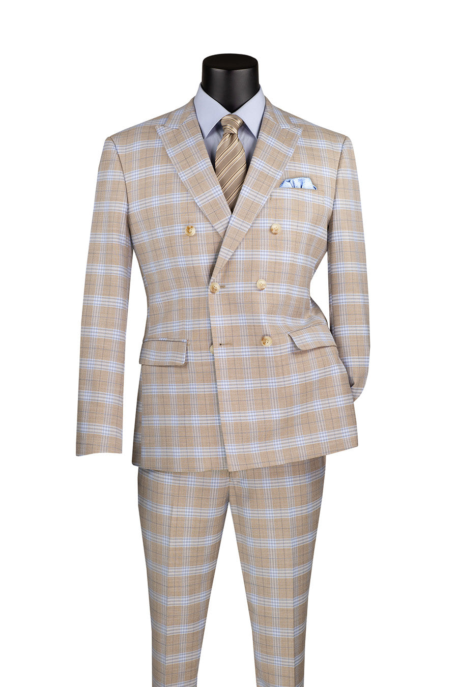 Duke of Windsor Collection - Slim Fit 2 Piece Double Breasted Windowpane Suit in Tan - Tan