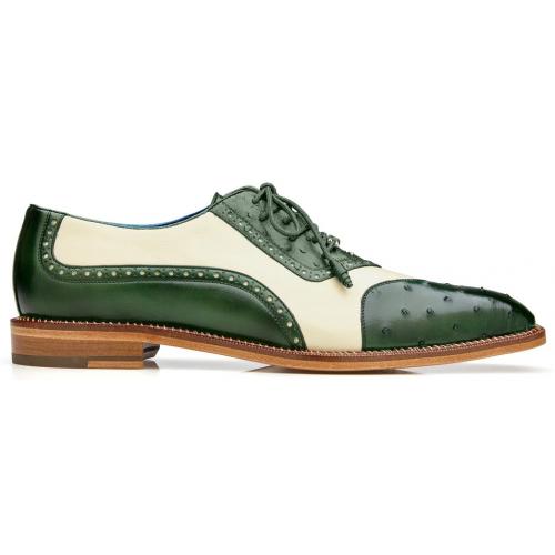 Belvedere Sesto Forest Green / Cream Genuine Ostrich Quill  Italian Calf Wingtip Shoes - 6