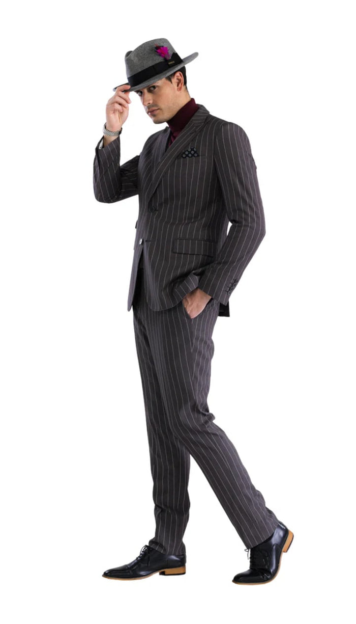 Bellagio Grey  Mens 2 Button Slim Peak Lapel Suit With Pick Stiching Ticket Pocket Double Breasted Vest With Shawl Lapel