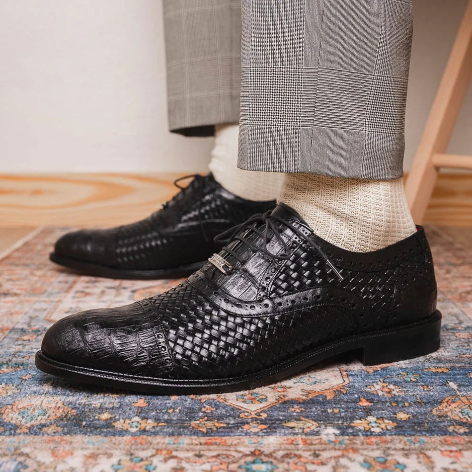 Marco Di Milano John Men's Shoes Exotic Caiman Crocodile / Woven Leather Dress Oxfords - 8.5