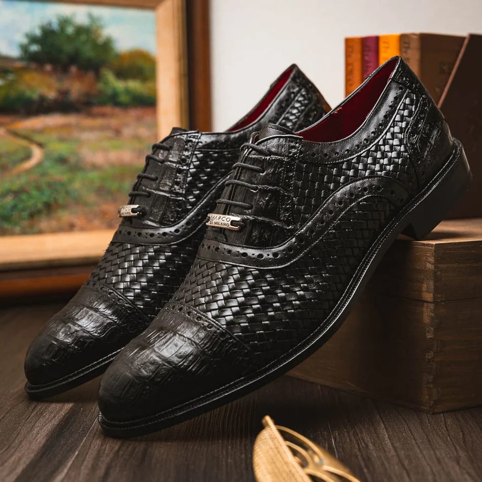 Marco Di Milano John Men's Shoes Exotic Caiman Crocodile / Woven Leather Dress Oxfords - 6