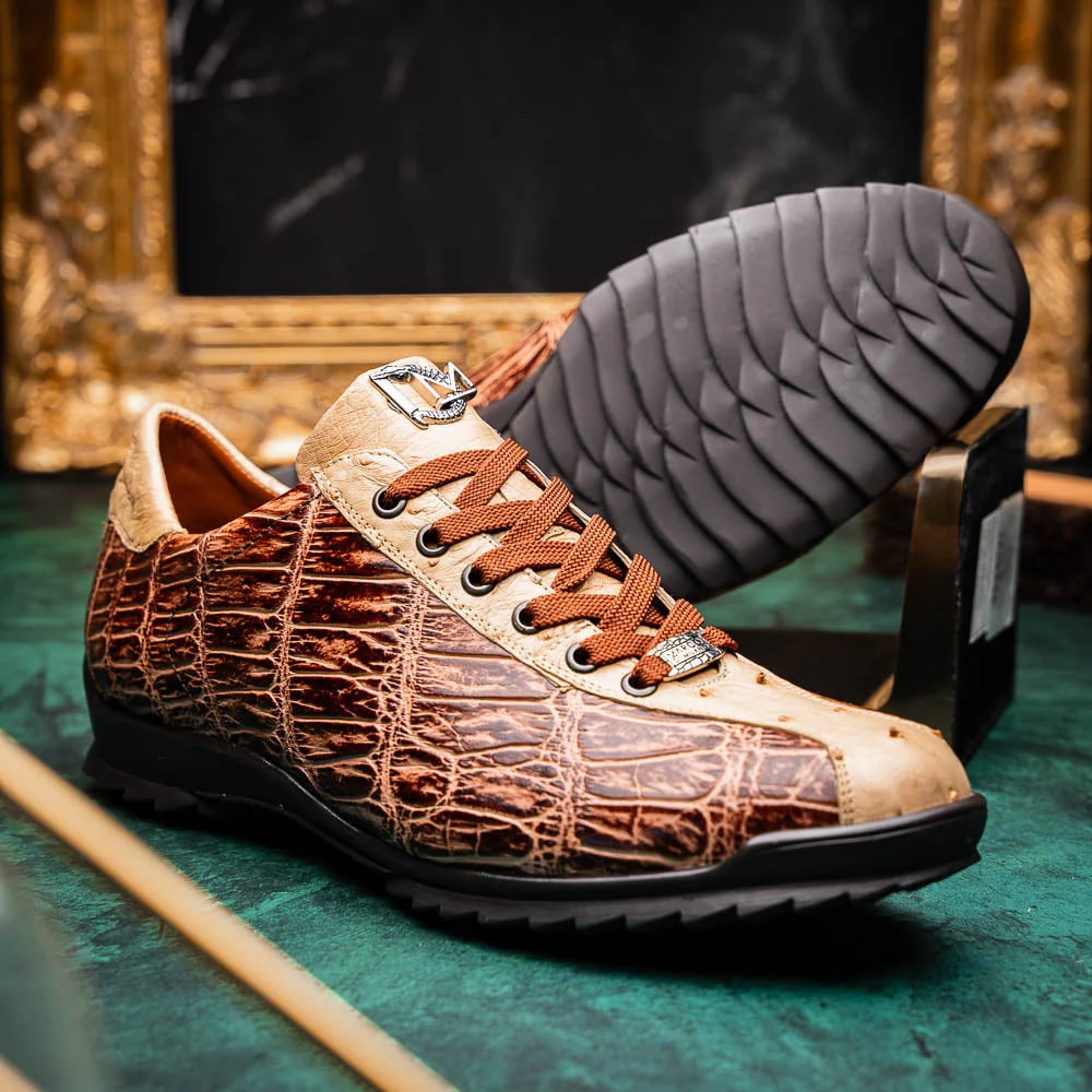 Marco Di Milano Saulo Men's Shoes Orix Beige & Brown Exotic Ostich / Alligator Casual Sneakers - 8