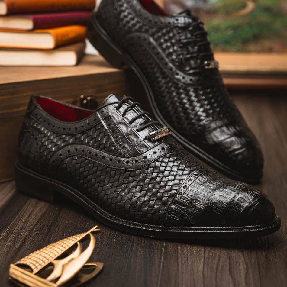 Marco Di Milano John Men's Shoes Exotic Caiman Crocodile / Woven Leather Dress Oxfords - 6