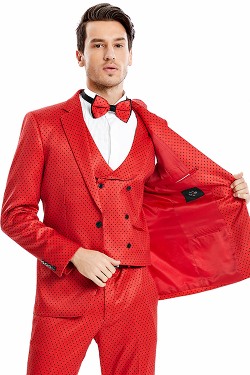 "Men's Red & Black Mini Polka Dot One Button Prom Suit"