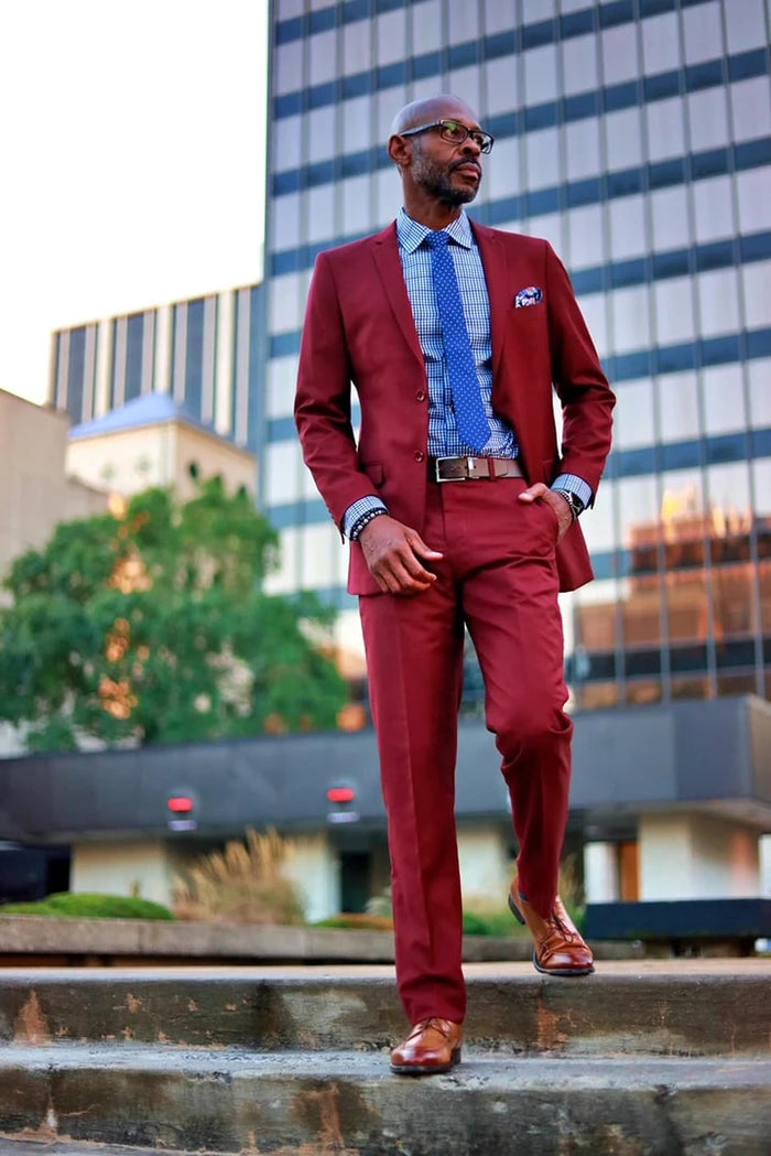 Cheap Priced Suit - Men's Basic 2 Button Slim Fit Wedding Burgundy Suit