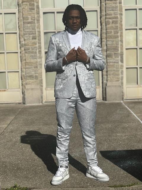 Cheap Priced Suit  - Men's Slim Fit Shiny Paisley Prom 2025 & Wedding Silver Suit - 38 Short Jacket+32 Waist Adjustable 28to34)(Height: 5 4 to5 7 )(Neck  15-16.5)S-M)