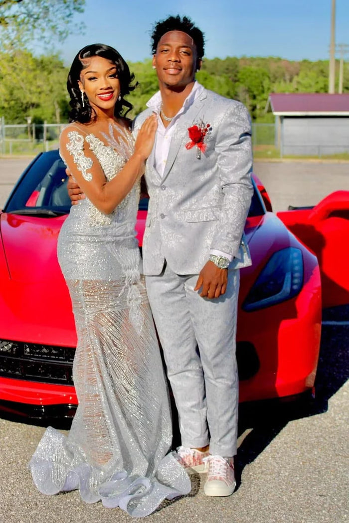 Cheap Priced Suit  - Men's Slim Fit Shiny Paisley Prom 2026 & Wedding Silver Suit