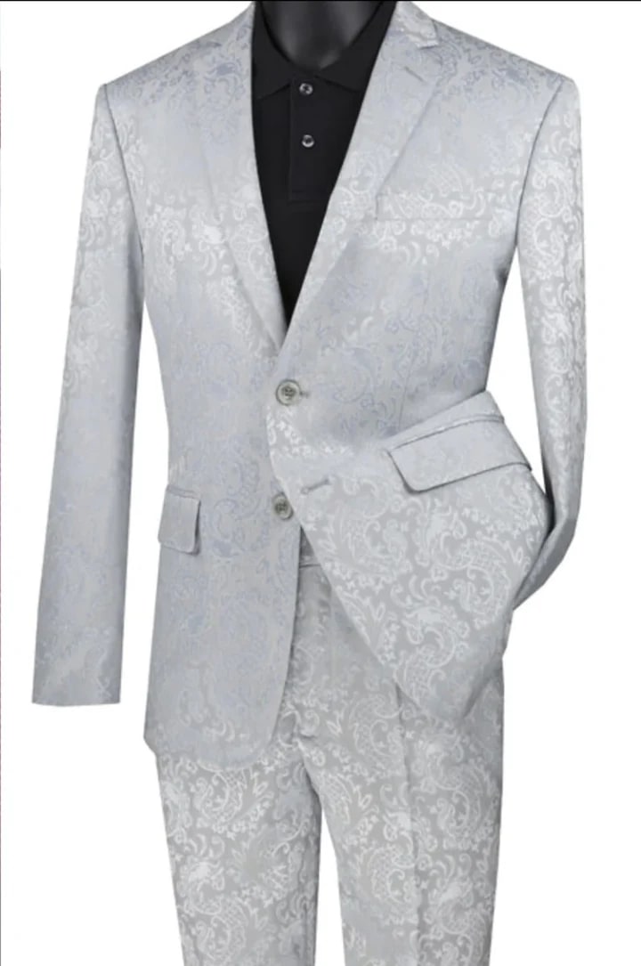 Cheap Suit - Men's Slim Fit Shiny Paisley Prom & Wedding Silver Suit