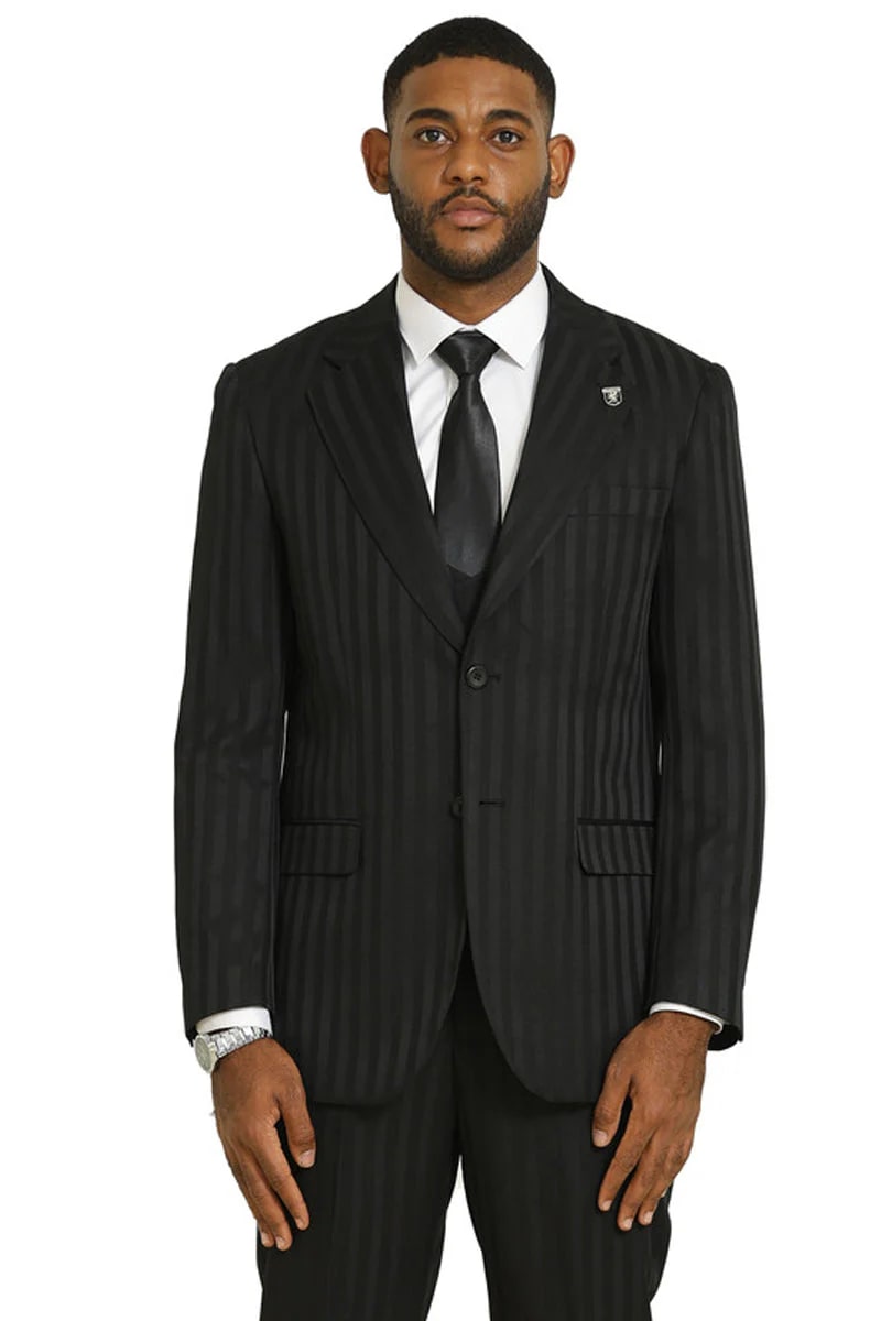 Stacy Adams Modern Fit Black Suit – Vested Tonal Shadow Pinstripe Style - 34 Short or Extra Small