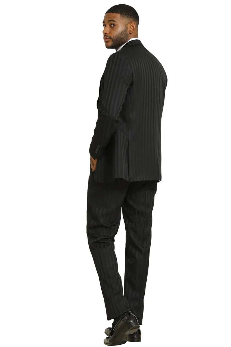 Stacy Adams Modern Fit Black Suit – Vested Tonal Shadow Pinstripe Style - 34 Short or Extra Small