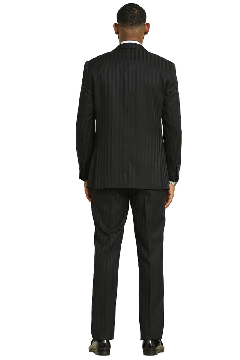 Stacy Adams Modern Fit Black Suit – Vested Tonal Shadow Pinstripe Style - 34 Short or Extra Small