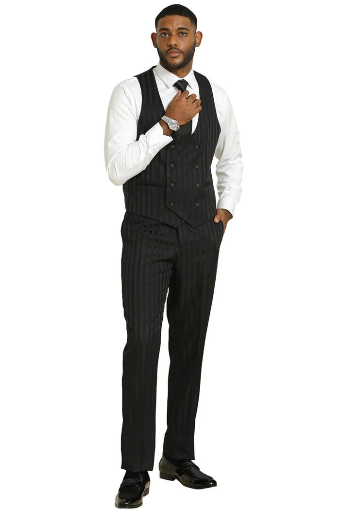 Stacy Adams Modern Fit Black Suit Vested Tonal Shadow Pinstripe Style