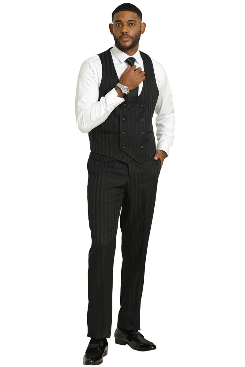 Stacy Adams Modern Fit Black Suit – Vested Tonal Shadow Pinstripe Style - 34 Short or Extra Small