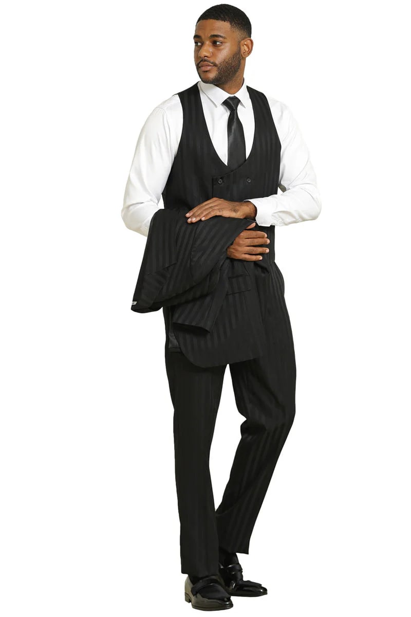 Stacy Adams Modern Fit Black Suit – Vested Tonal Shadow Pinstripe Style - 34 Short or Extra Small