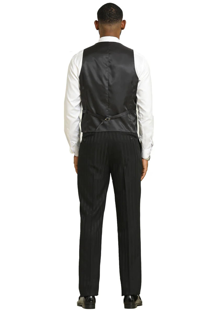 Stacy Adams Modern Fit Black Suit – Vested Tonal Shadow Pinstripe Style - 34 Short or Extra Small
