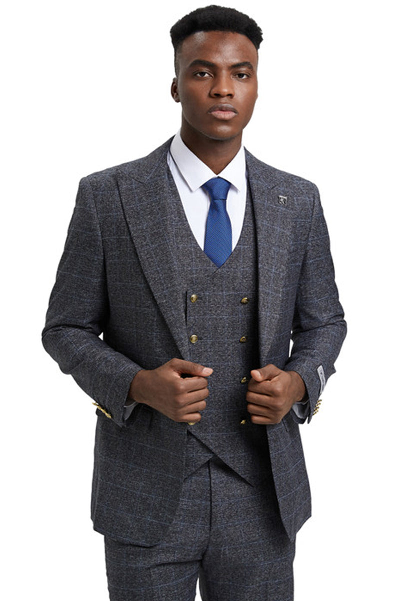 Men's Stacy Adam's One Button Vested Peak Lapel Business Suit in Charcoal Grey Plaid - 36 Regular
