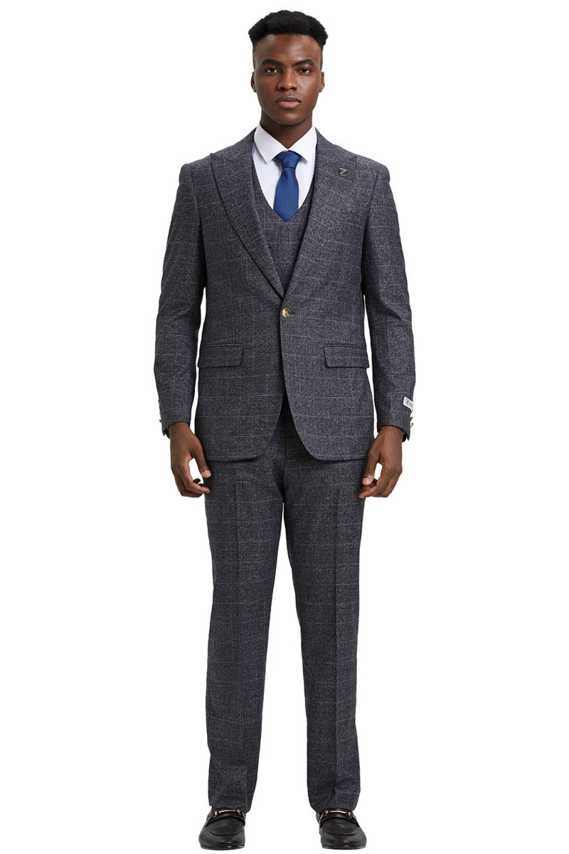Men's Stacy Adam's One Button Vested Peak Lapel Business Suit in Charcoal Grey Plaid - 36 Regular